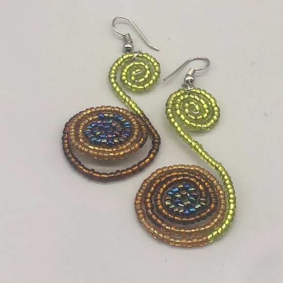 3/$30 Handmade Beaded Spiral Earrings Colorful Statement Dangle Tribal Style - Picture 3 of 8
